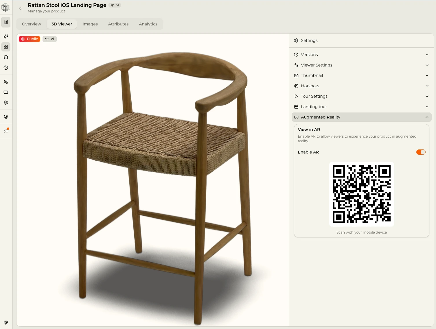 Place-in-space AR switched on for a rattan stool in Voxelo, with a QR code for mobile, showing 3D for ecommerce reaching shoppers with no app to install