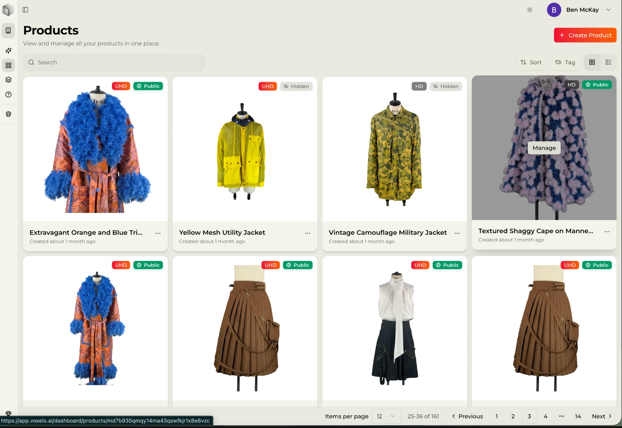A product archive in Voxelo holding 161 garments as 3D twins, the catalogue view behind 3D for ecommerce at scale