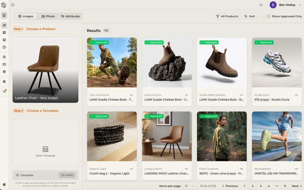 Voxelo AI Studio with a hosted leather chair selected, a template picker, and a grid of generated product and lifestyle shots