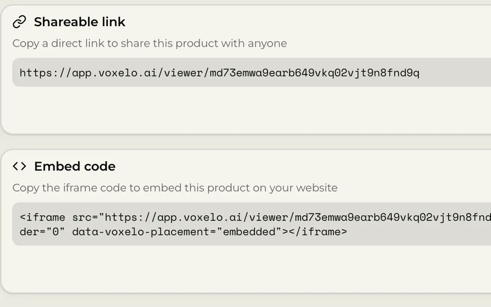 Voxelo sharing panel showing a public viewer link for a hosted splat and the one-line iframe embed code