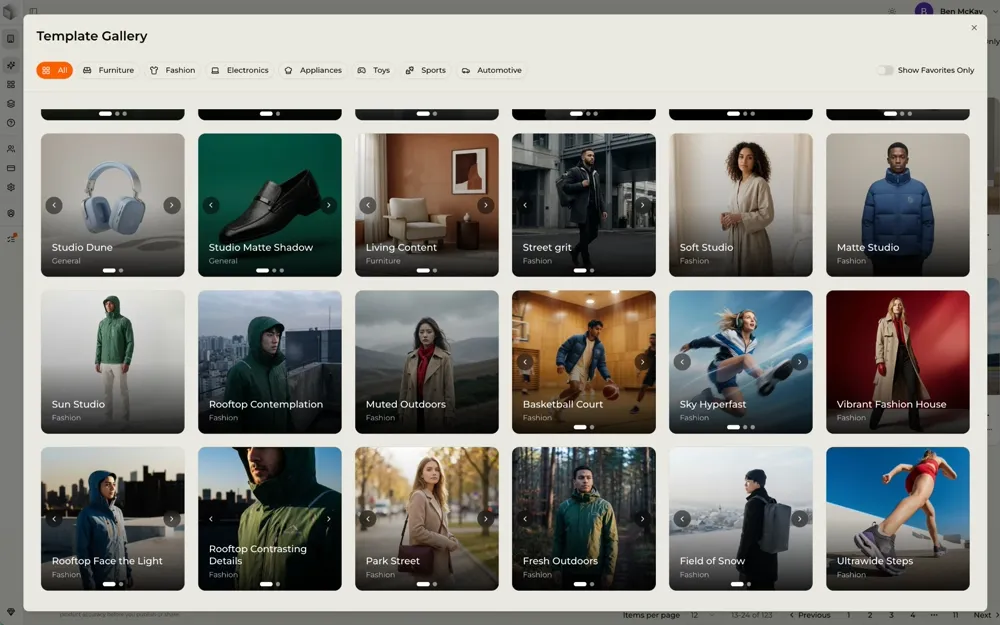 The Voxelo template gallery, showing studio, street and outdoor scene templates with category tabs across the top