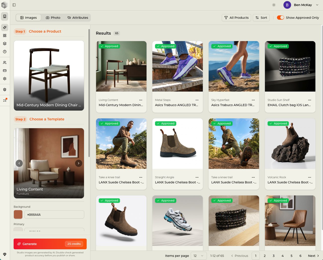 Generated product and lifestyle imagery across footwear, bags and furniture in the Voxelo app