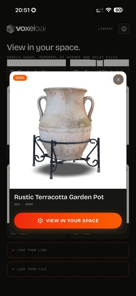 Voxelo AR library with a terracotta garden pot ready to open, and options to load from link or from file