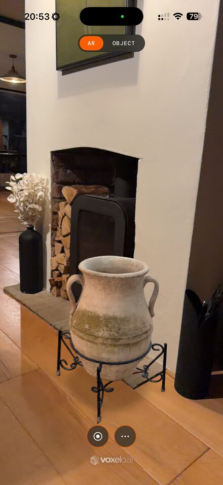 The terracotta pot standing on the floor of a real room beside a fireplace, seen through the phone camera