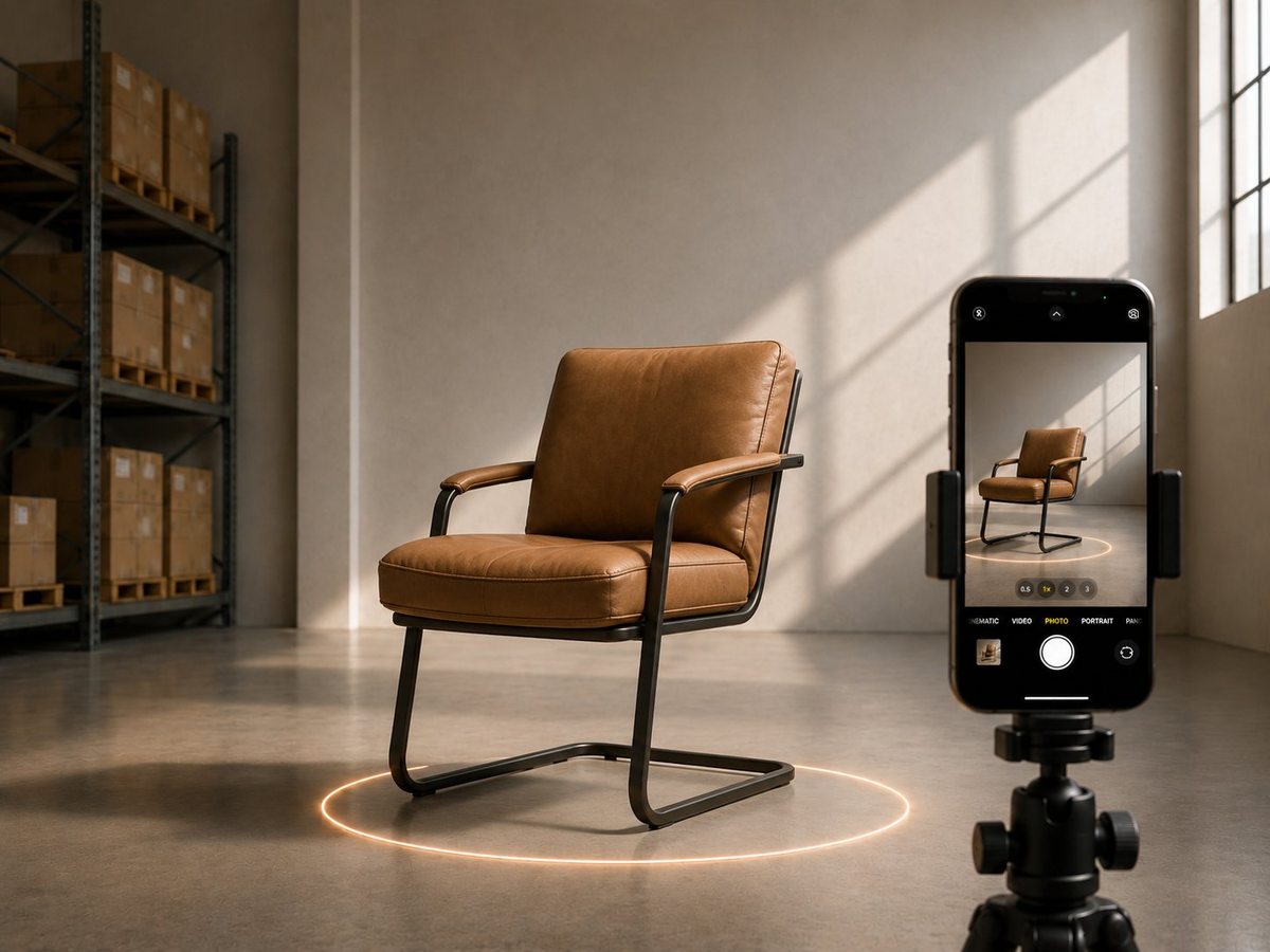 A leather chair being filmed on a phone mounted on a tripod